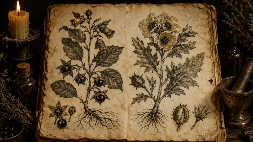 Médico del siglo XVI analizando ungüento herbal - ungüento de las brujas