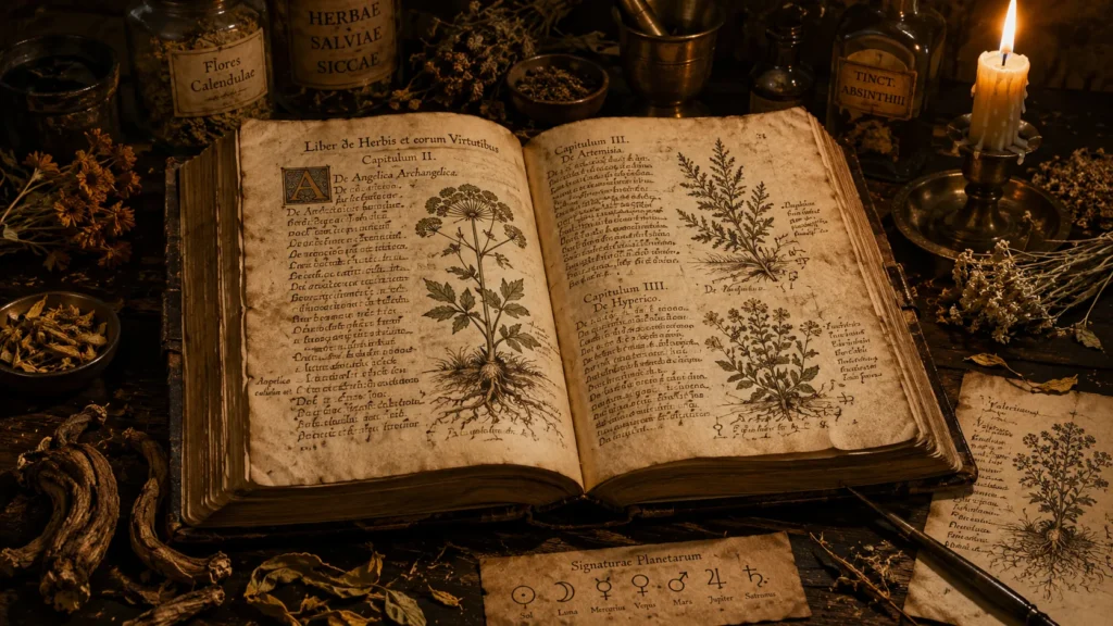 Grimorio medieval con hierbas y plantas mágicas - plantas de los grimorios medievales