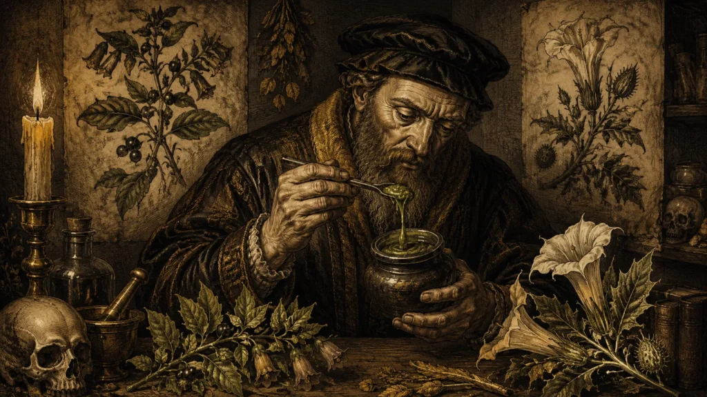Médico del siglo XVI analizando ungüento herbal