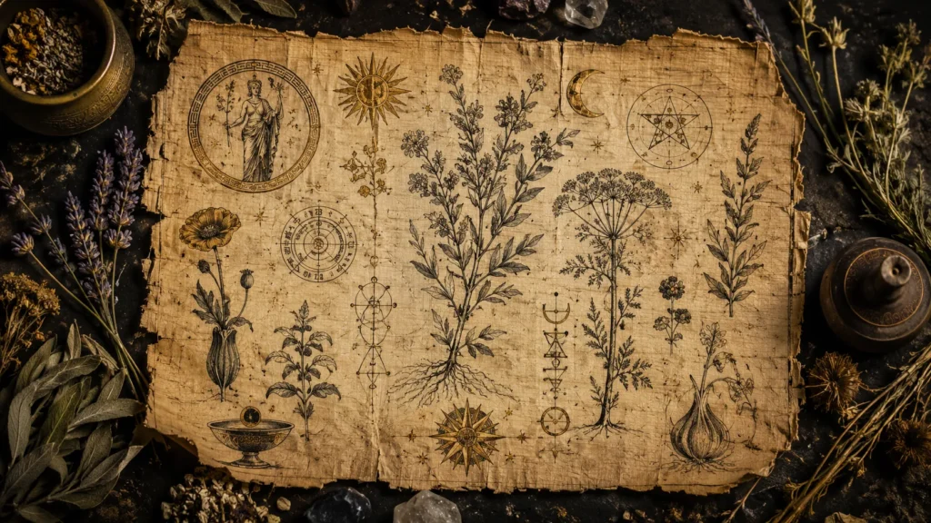 Papiro griego antiguo con ilustraciones botánicas - Plantas sagradas magia greco-romana