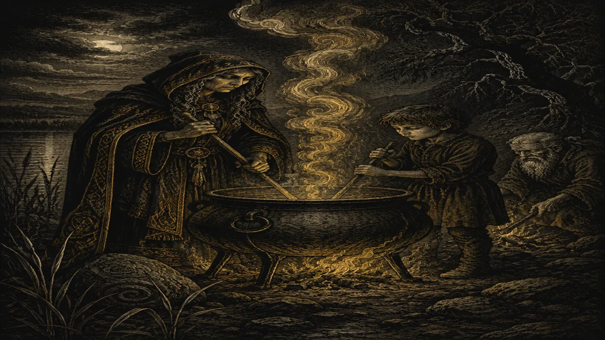 Cerridwen removiendo el caldero de la sabiduría junto al lago Tegid, ilustración estilo grabado del siglo XVI"