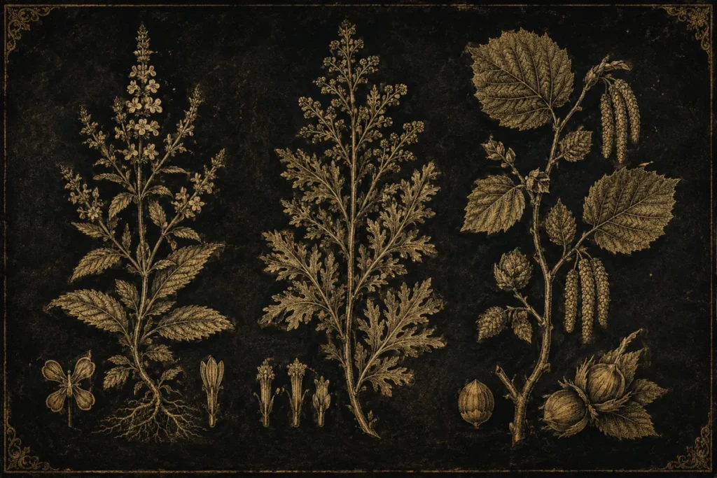 lustración botánica en estilo grabado antiguo de verbena, artemisa y ramas de avellano, las plantas del caldero de Cerridwen